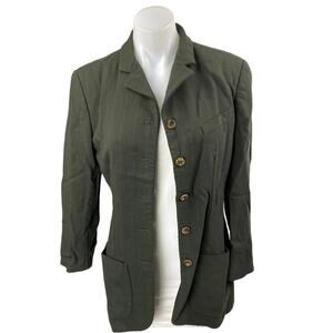 Anne Klein 100% Wool Green Pinstriped Long Sleeve Button Down Shirt Jacket Sz 6